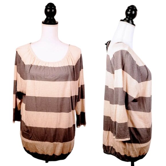 Ann Taylor Tops - ANN TAYLOR Loft Top, Gray White Striped Linen Blend 3/4 Sleeve Career Office, M